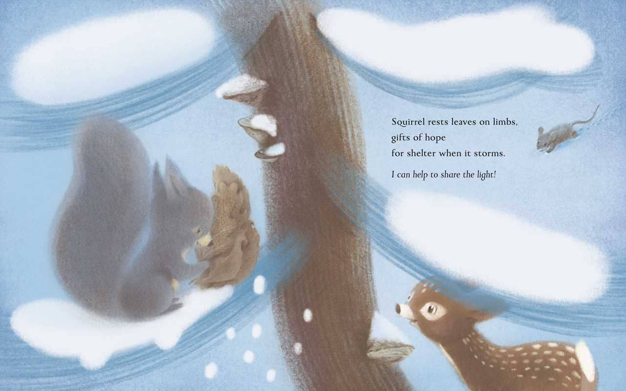 Illustration of squirrels and a deer on a tree branch with text about sharing light.