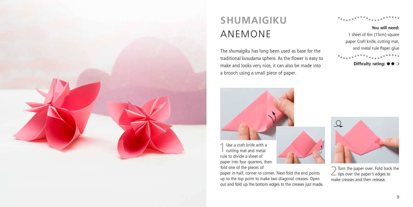 Page from a craft book showing pink origami flowers and instructions.