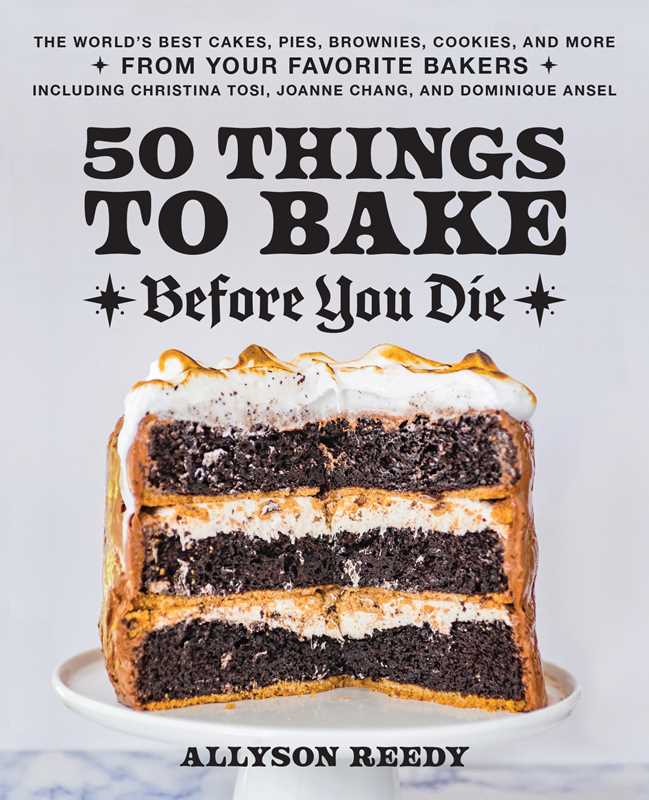 Book cover of '50 Things to Bake Before You Die' with a cake on a white background