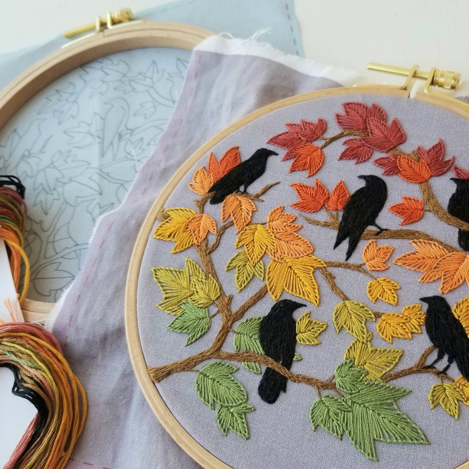 Autumn Birds Embroidery Kit: Grey - blue - The Regal Find