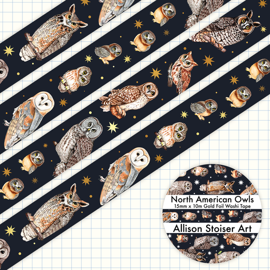 North American Owls Gold Foil Washi Tape