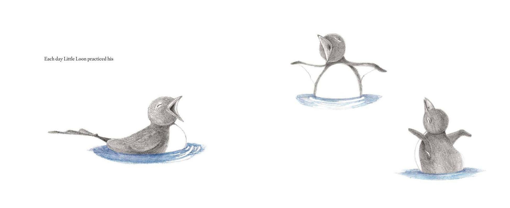 Three cartoon birds in water, with one building a snowman.