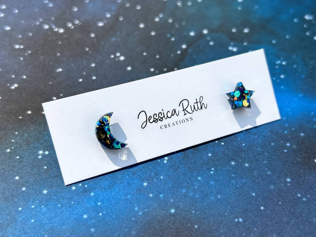 Beautiful Small Moon and Star Stud Earrings: Celestial Blue - The Regal Find