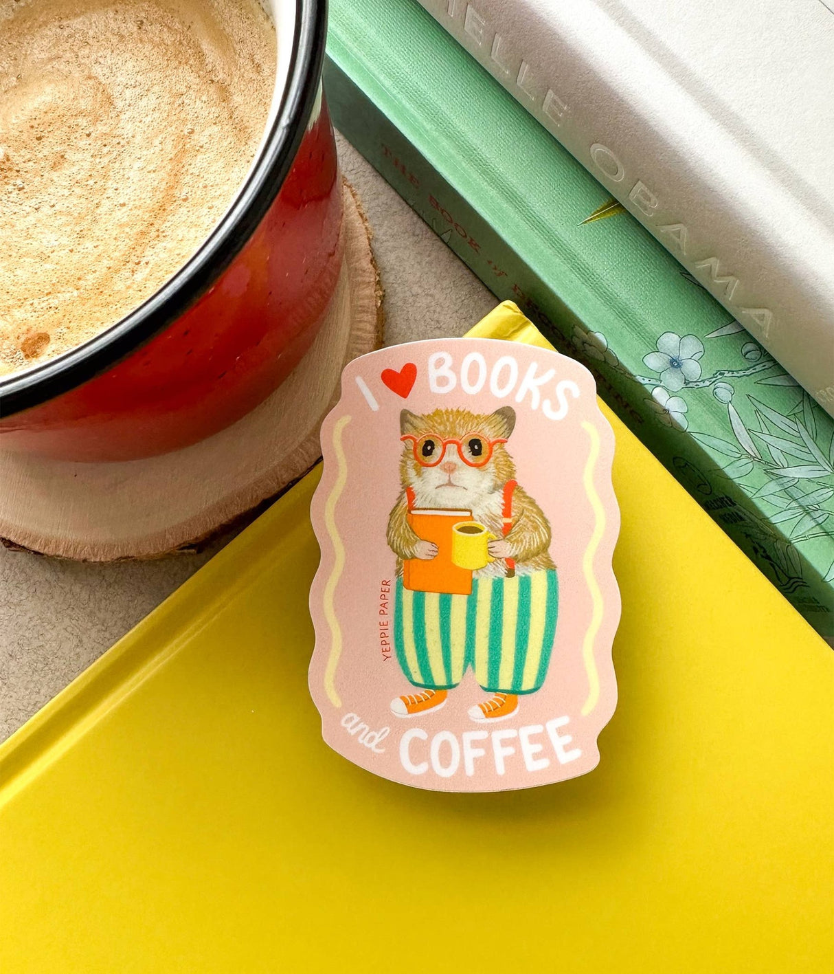 Books and Coffee Loving Bookish Hamster Sticker - The Regal Find