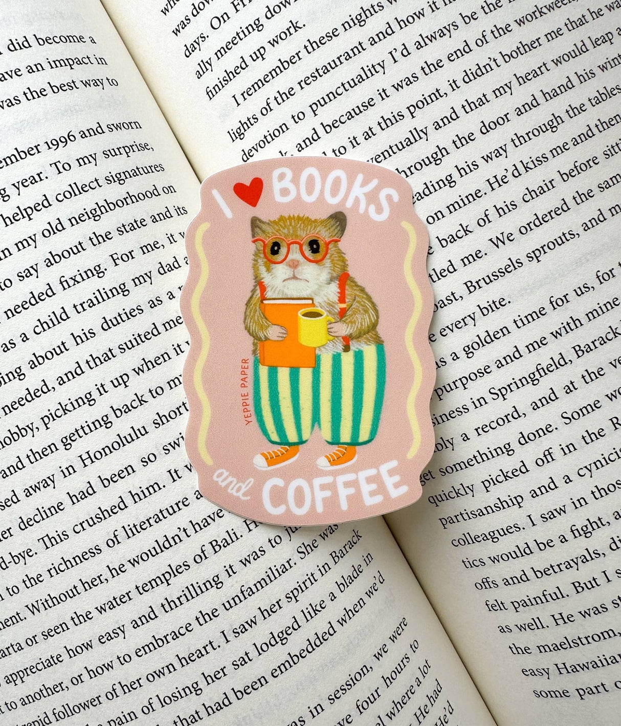 Books and Coffee Loving Bookish Hamster Sticker - The Regal Find