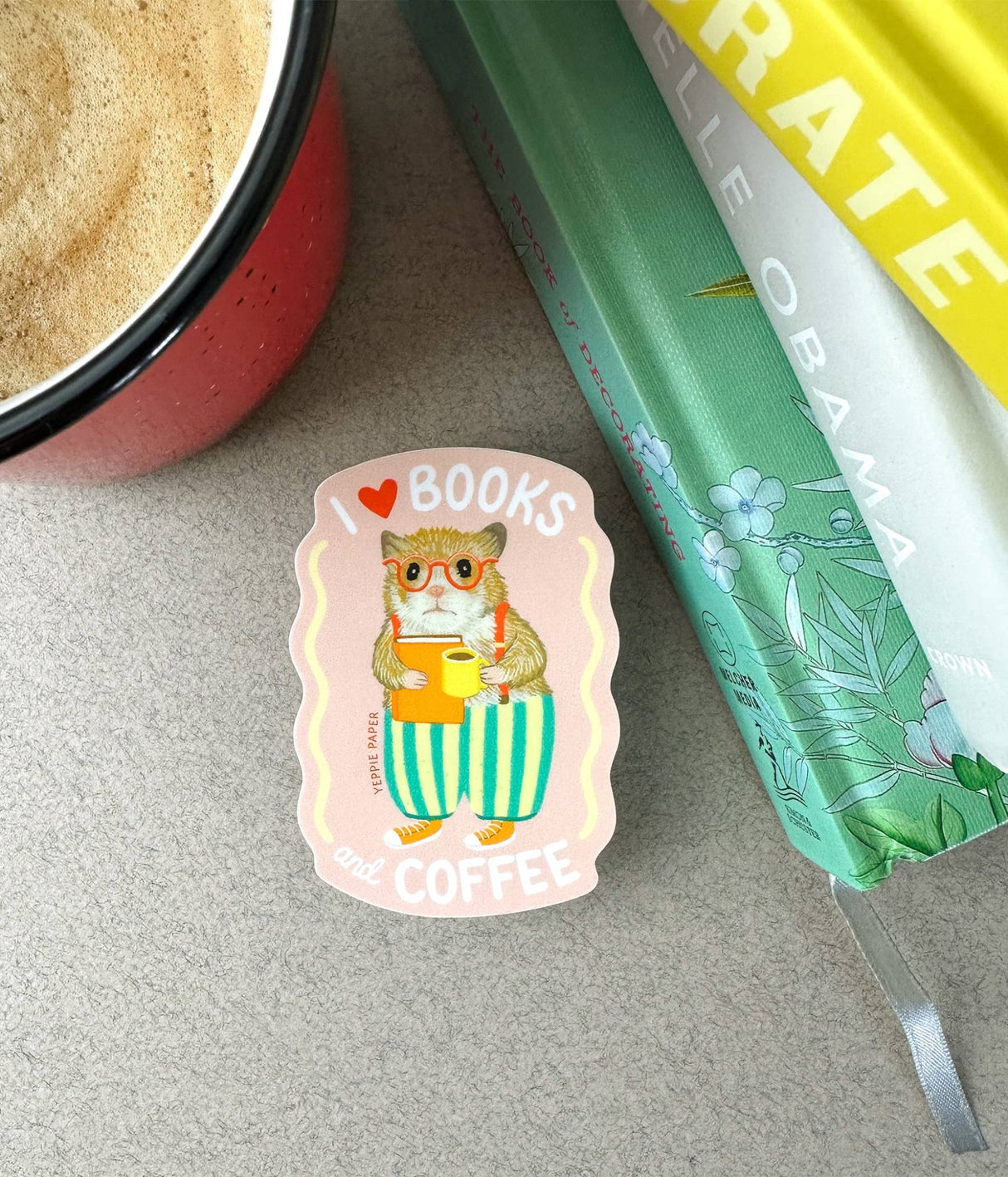 Books and Coffee Loving Bookish Hamster Sticker - The Regal Find