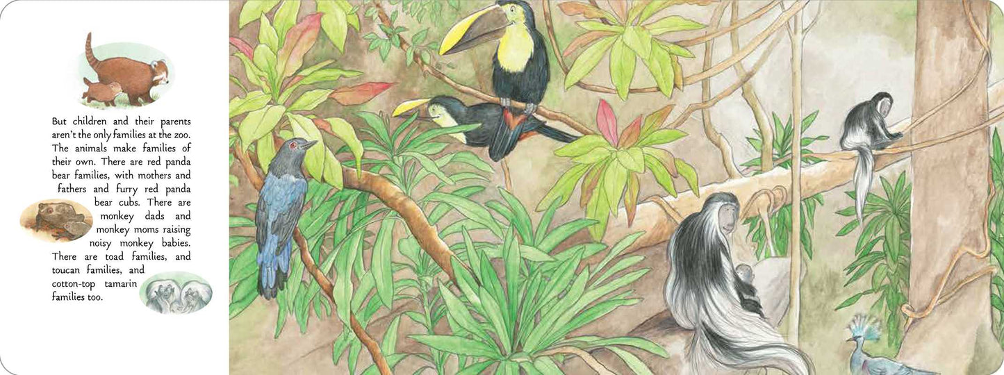 Illustration of a tropical forest scene with various animals on a book page.