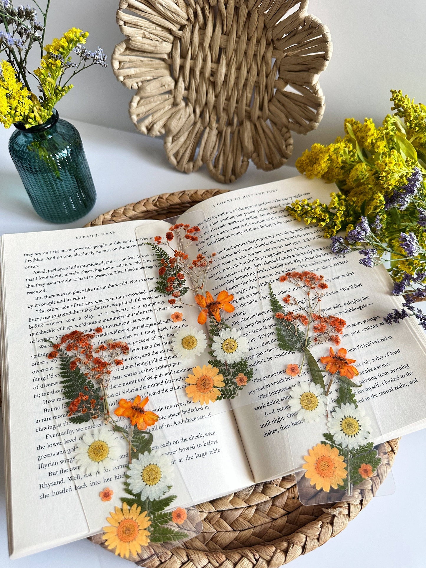 Orange + White Pressed Flower Bookmark
