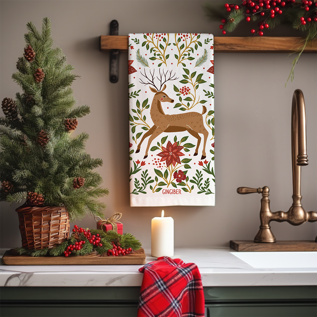 Christmas Forest Tea Towel - Woodland Holiday Kitchen Towel