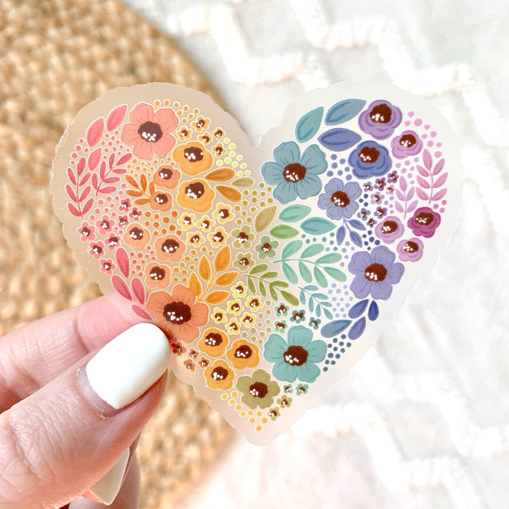 Clear Pride Rainbow Floral Heart Sticker 2.75x3in - The Regal Find