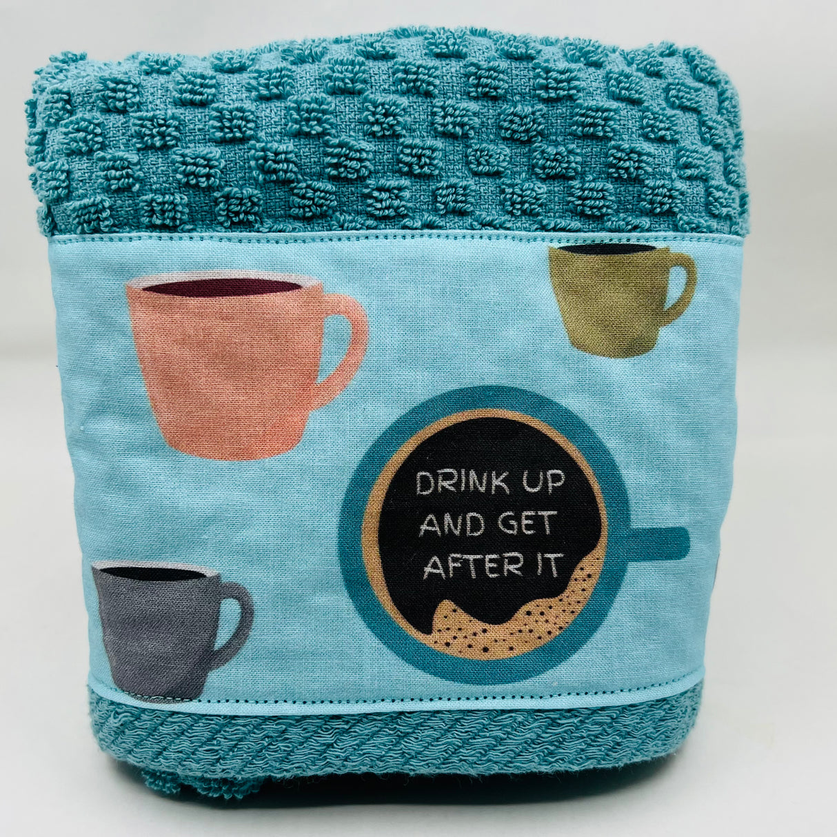 Aqua Kitchen towel with coffee mugs - The Regal Find 