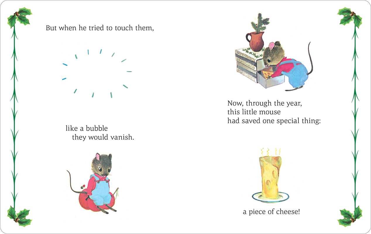 Illustration from a children's book with a mouse character and text about saving a piece of cheese.
