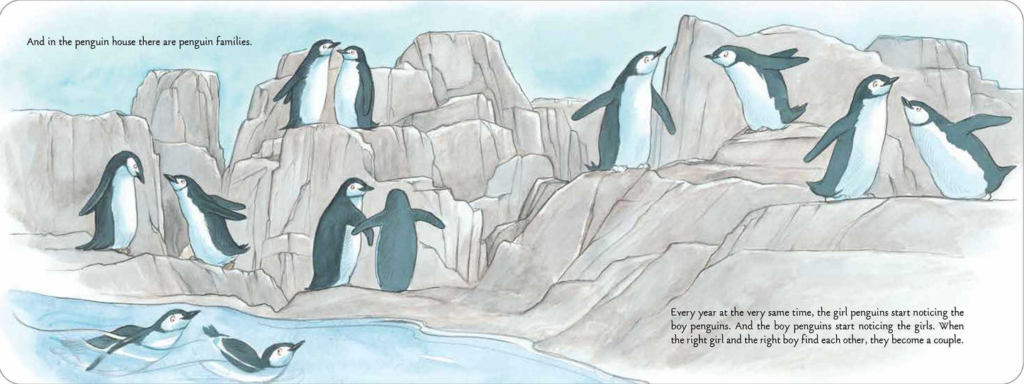 Illustration of penguins on a rocky island with text at the bottom.