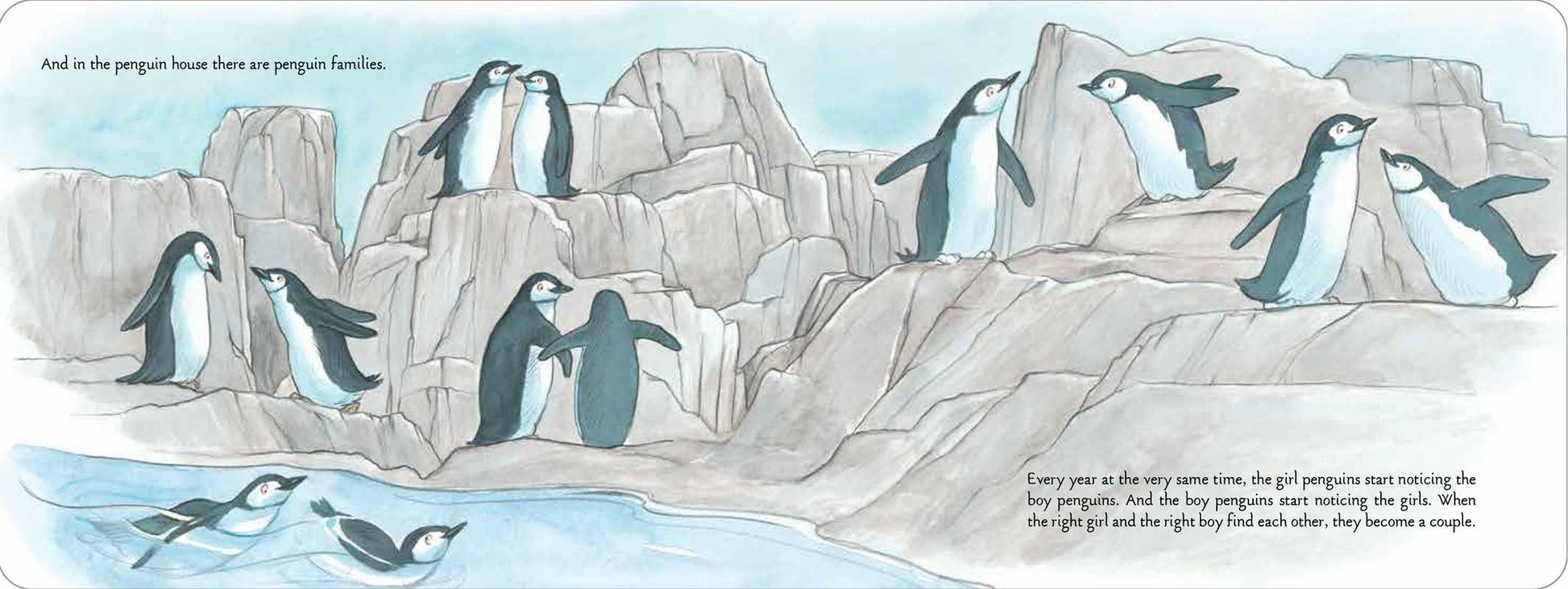 Illustration of penguins on a rocky island with text at the bottom.