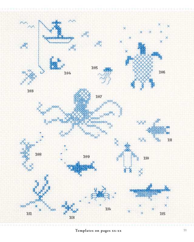 Collection of blue cross-stitch patterns on a white background