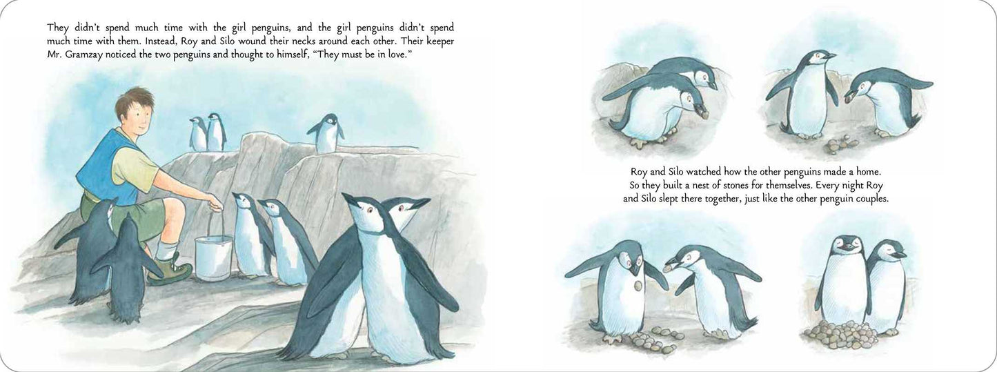 Illustration of a penguin scene with a person and penguins, likely from a children's book.