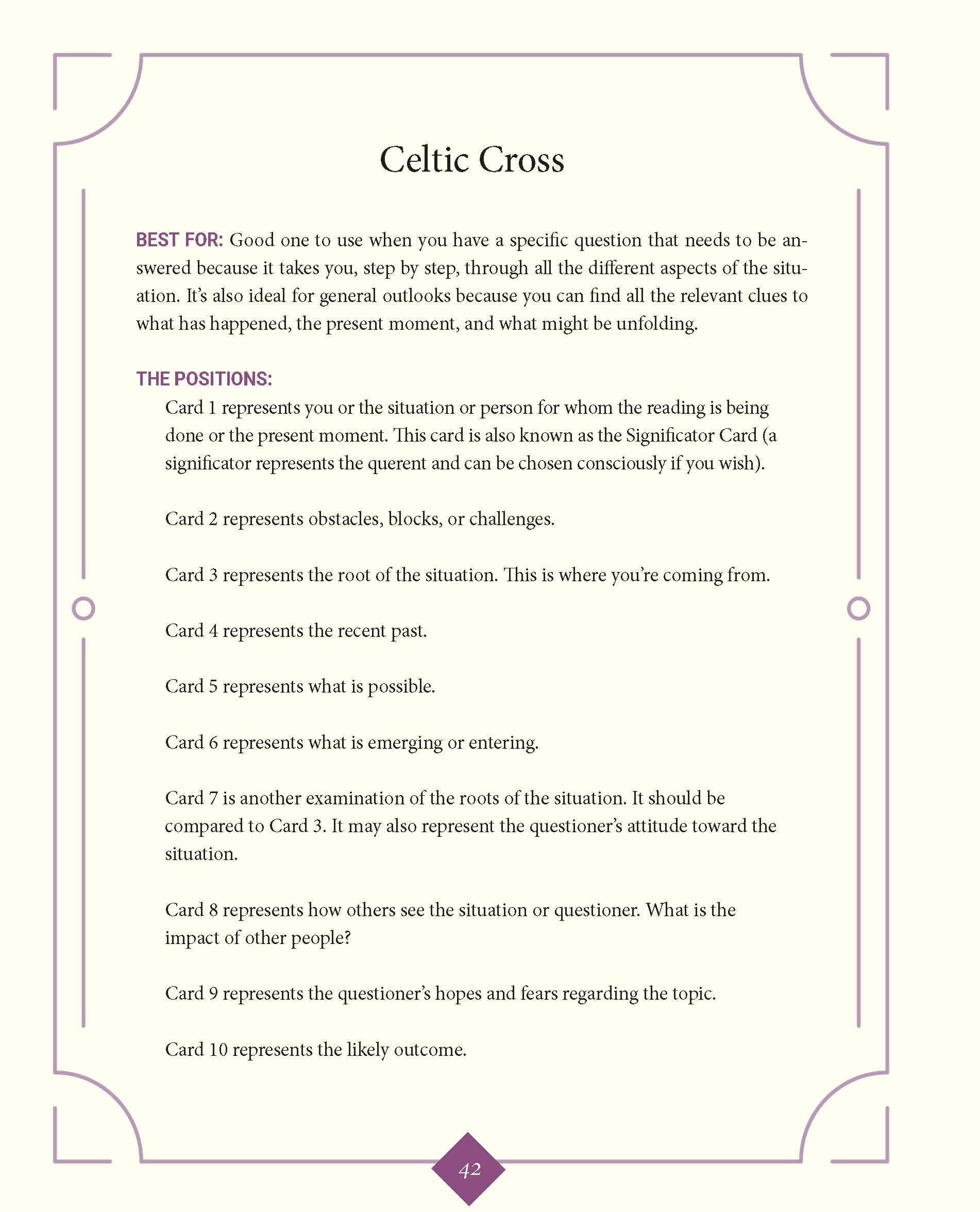 Informational text about the Celtic Cross card from a tarot or oracle deck.