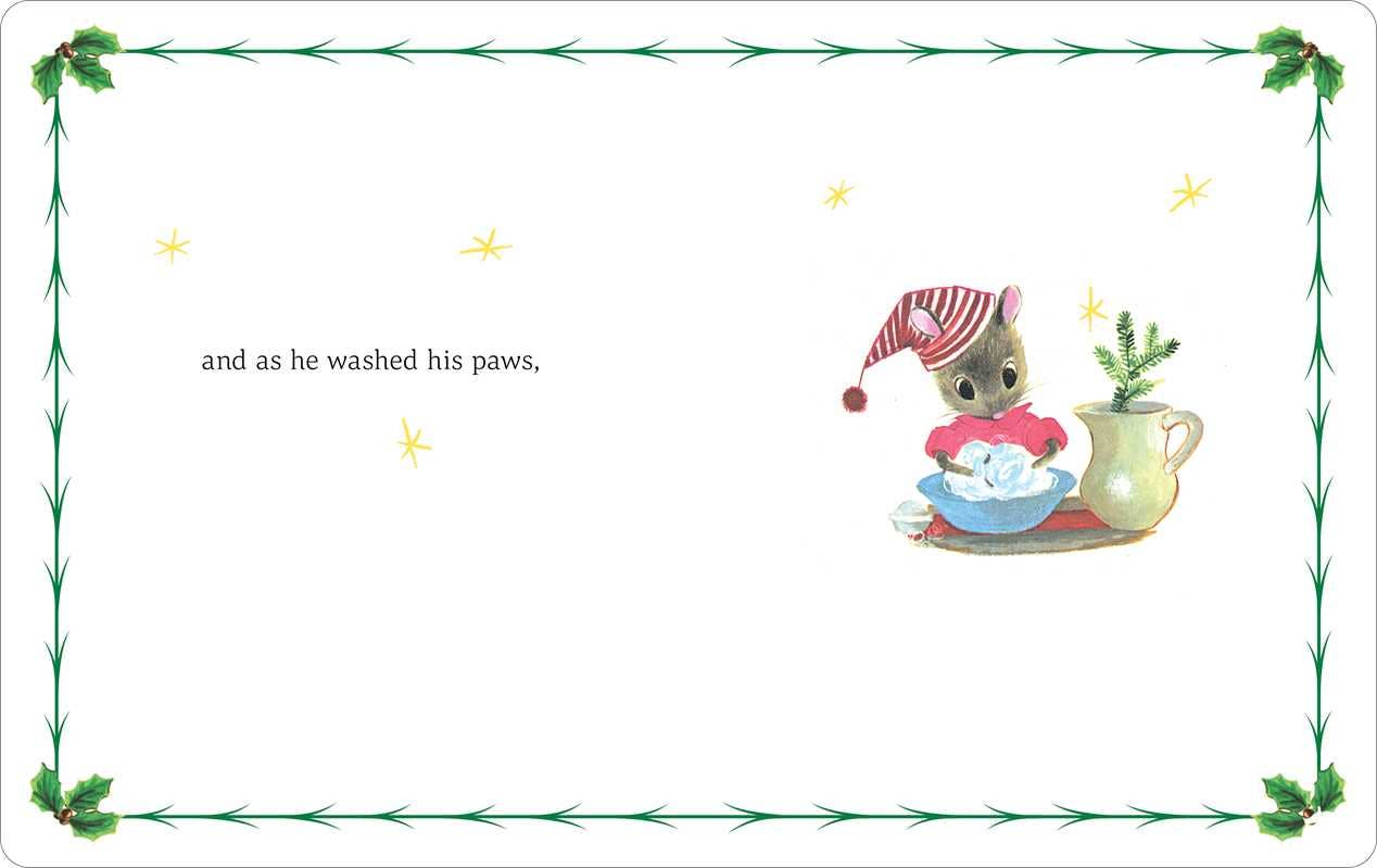 Illustration of a cat in a Santa hat washing his paws, surrounded by decorative elements on a white background.