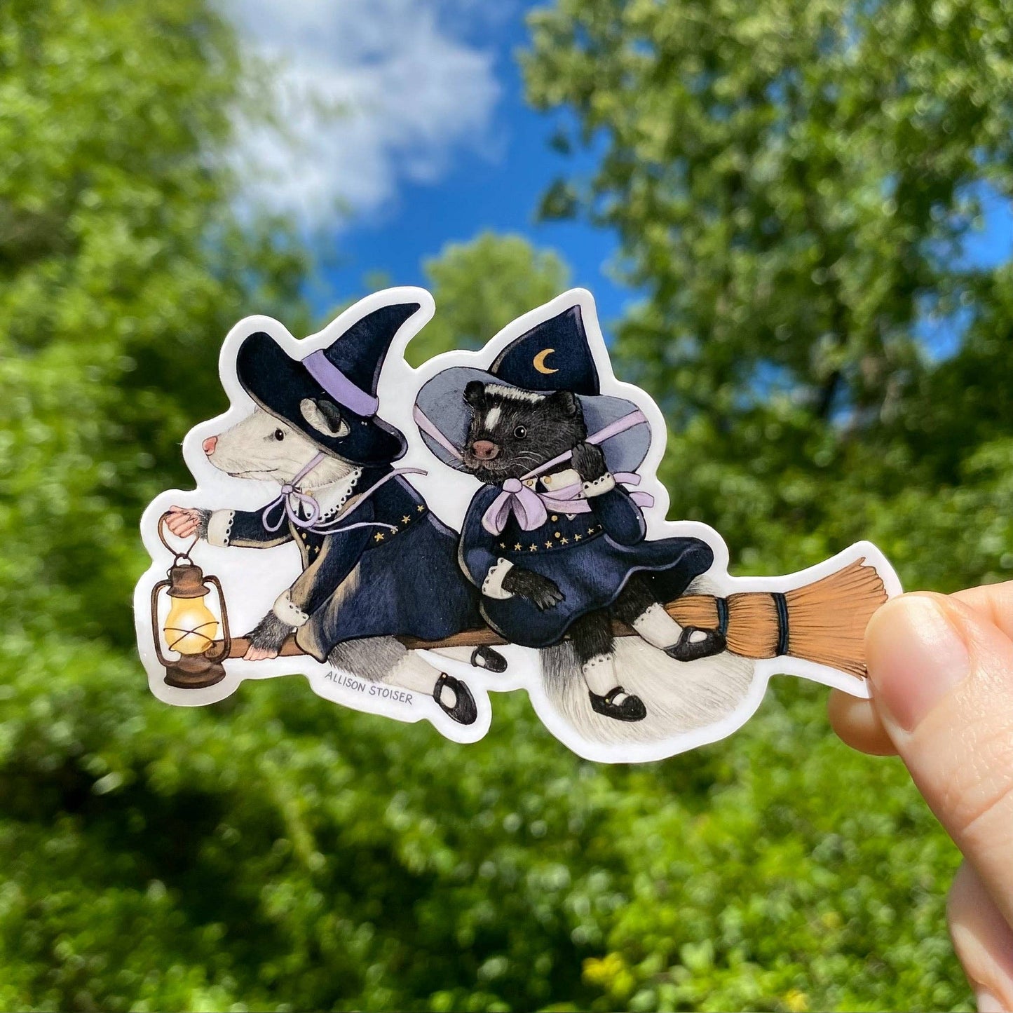 Flying Witch Opossum and Skunk Weatherproof Vinyl Sticker