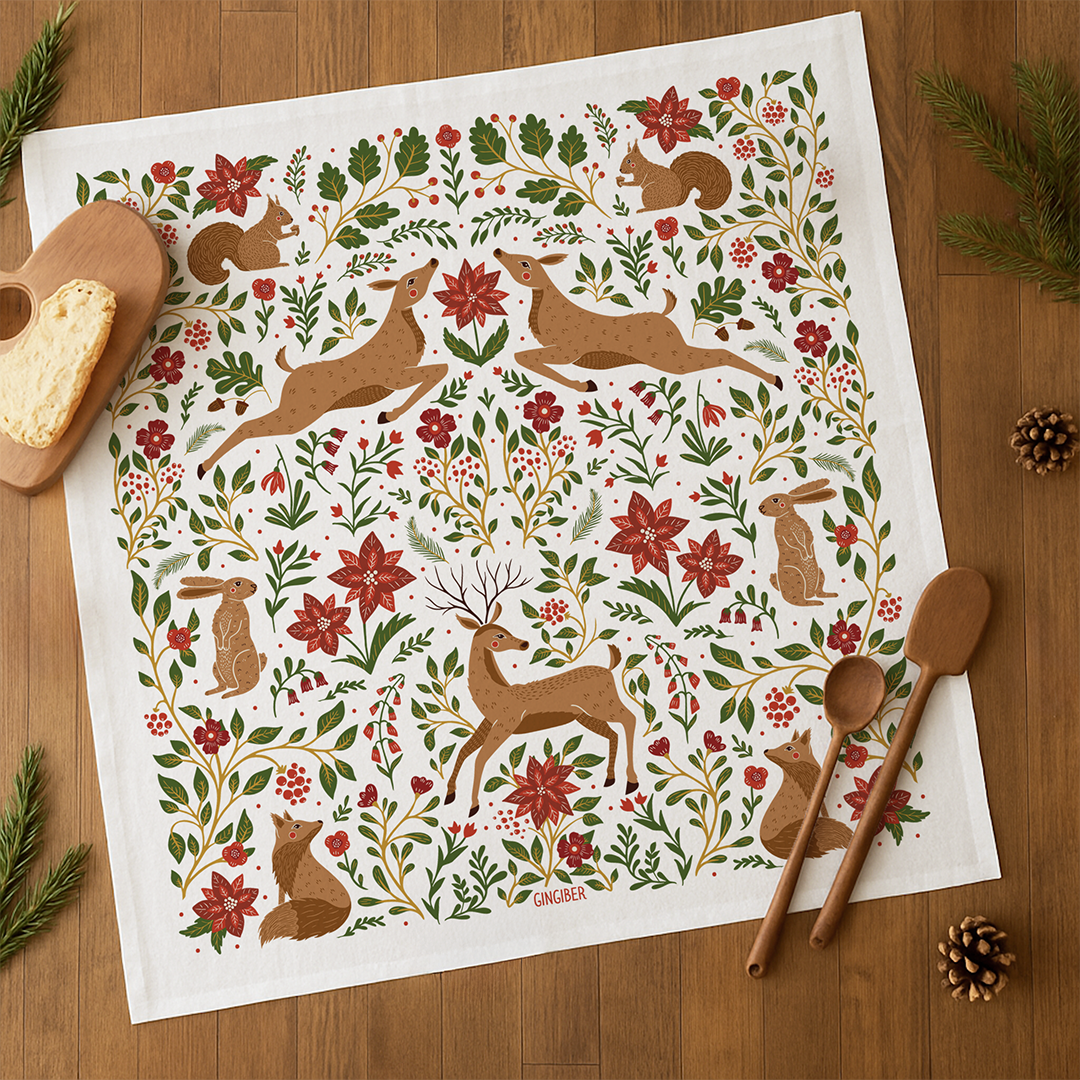 Christmas Forest Tea Towel - Woodland Holiday Kitchen Towel