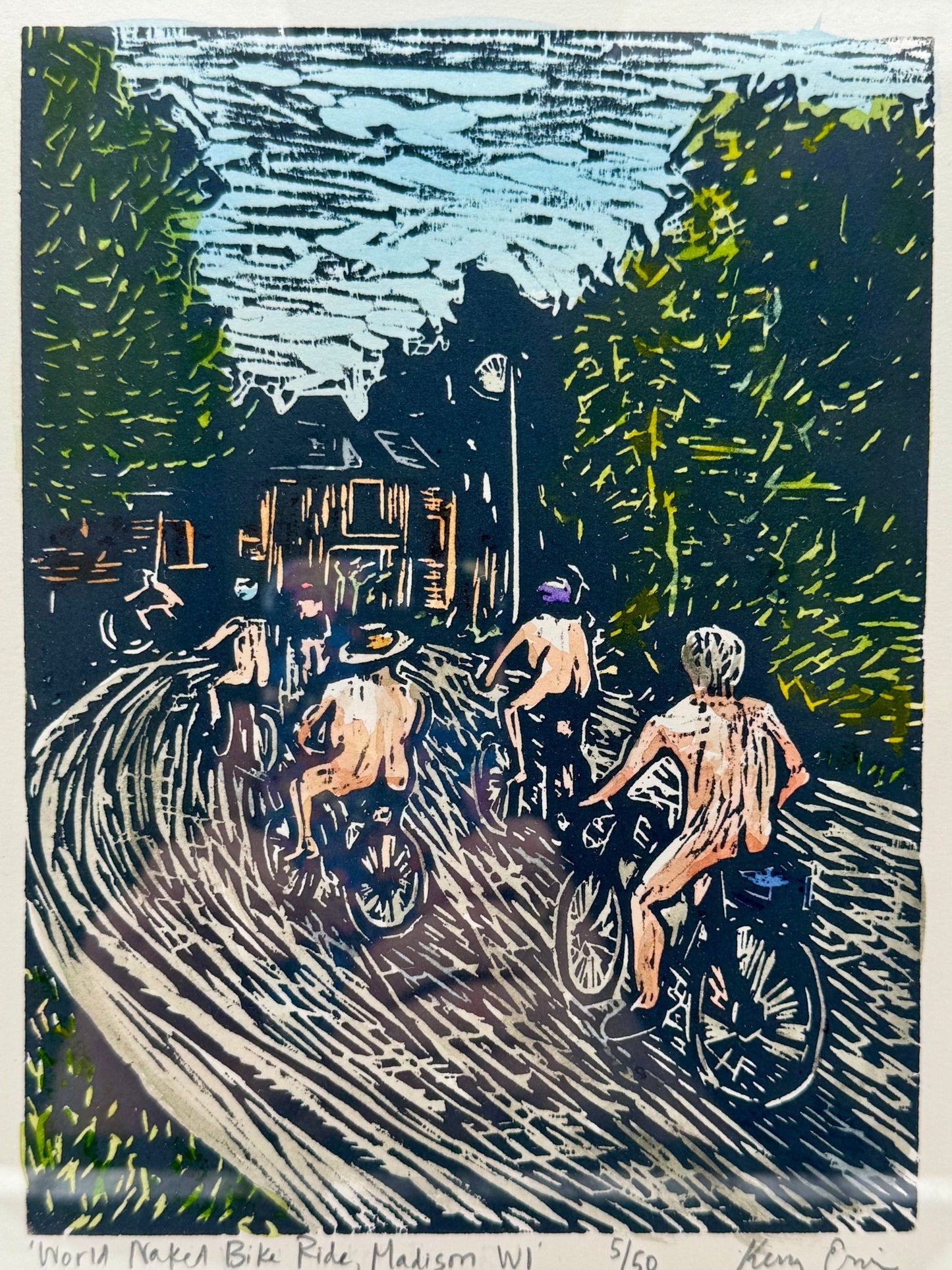 World Naked Bike Ride Original Woodcut Print - The Regal Find