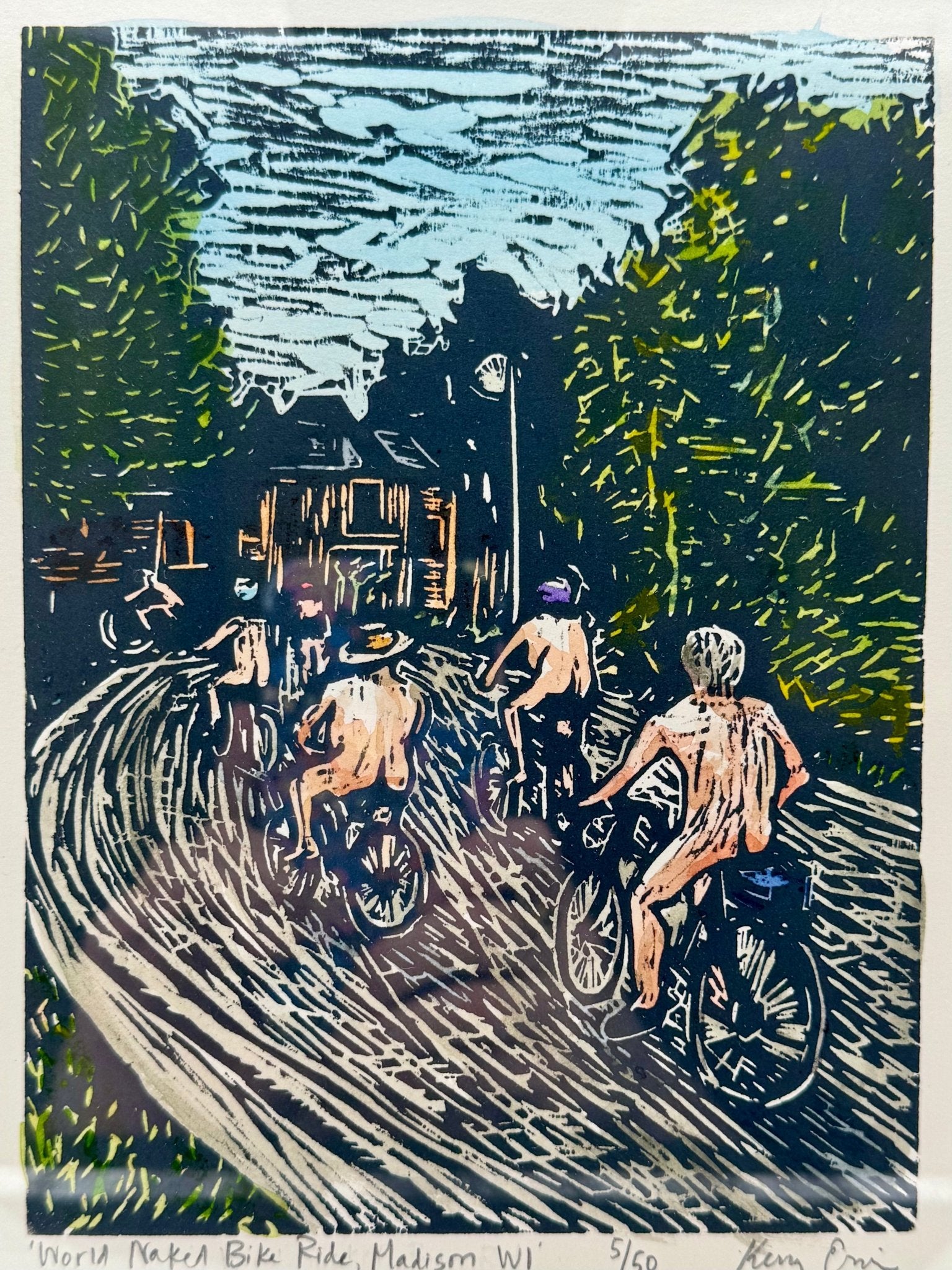 World Naked Bike Ride Original Woodcut Print - The Regal Find