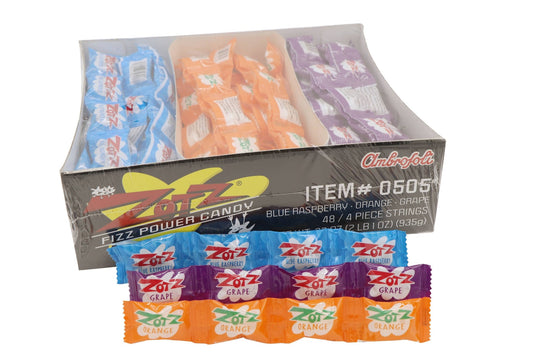 Zotz Fizzing Candy Strings, Blue/Orange/Grape 48ct - The Regal Find