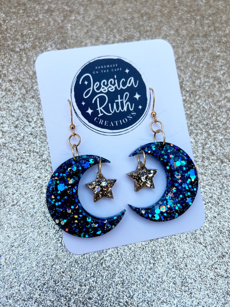 Beautiful Large Celestial Blue Moon and Star Dangle Earrings - The Regal Find