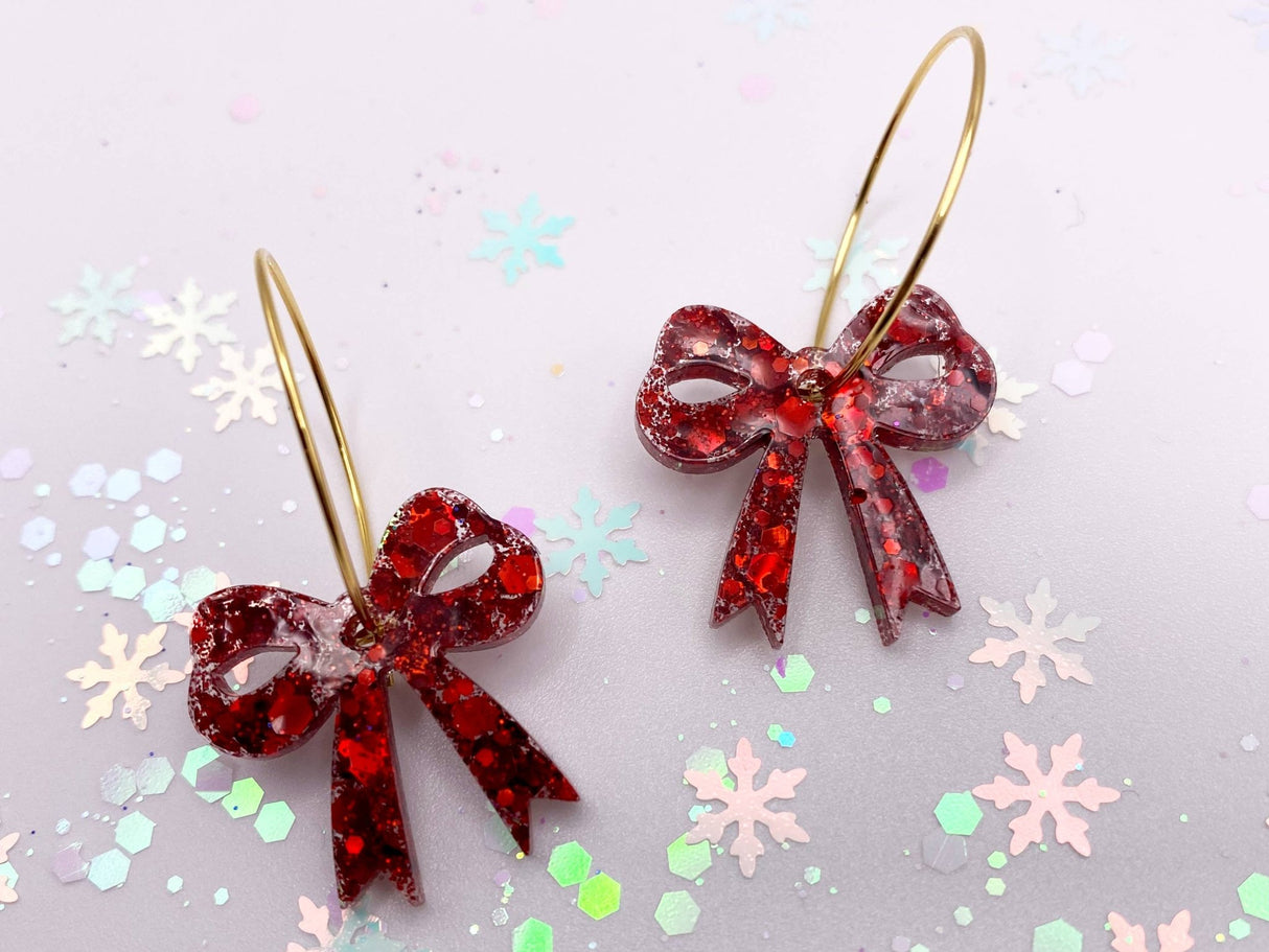 Fun Holiday Bow Hoops Earrings: Xmas Tree / Silver Hoops - The Regal Find