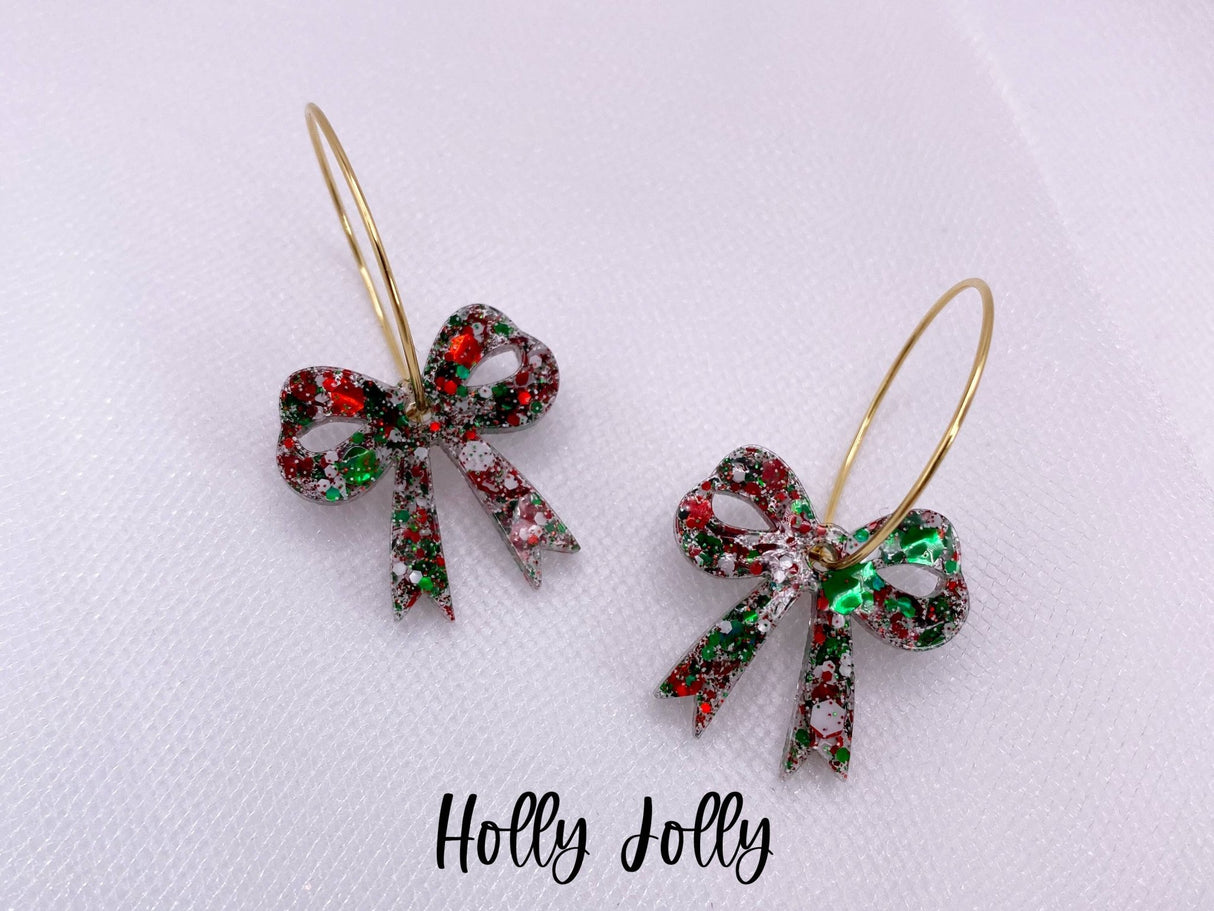 Fun Holiday Bow Hoops Earrings: Xmas Tree / Silver Hoops - The Regal Find