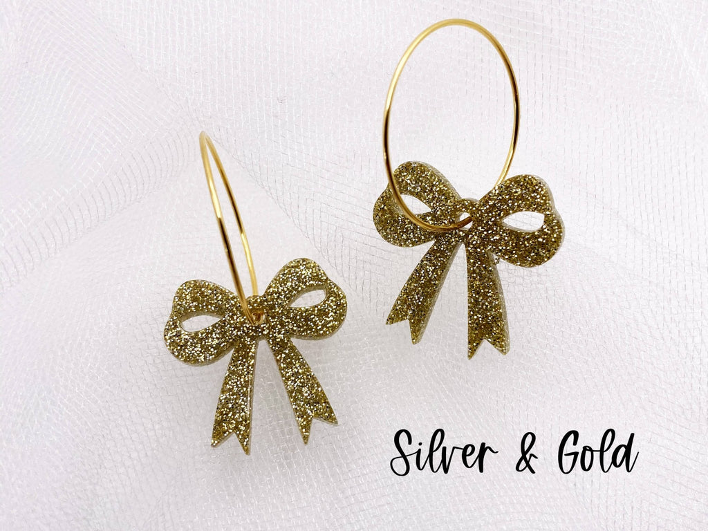 Fun Holiday Bow Hoops Earrings: Xmas Tree / Silver Hoops - The Regal Find
