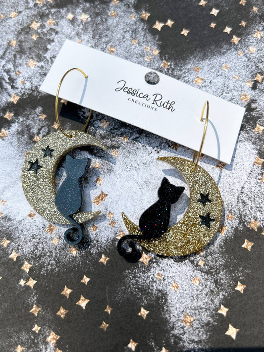Spooky and Sparkly Cat and Moon Hoop Dangle Earrings - The Regal Find