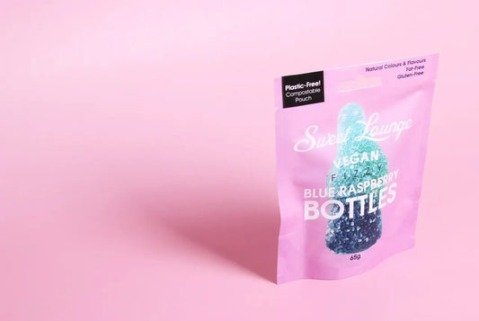 Vegan Fizzy Blue Raspberry Bottles (Plastic-free) 65g - The Regal Find